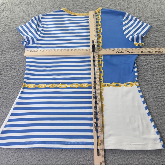 J Mclaughlin Top Womens Medium Blue White Striped Catalina Cloth Short Sleeve - Picture 6 of 9